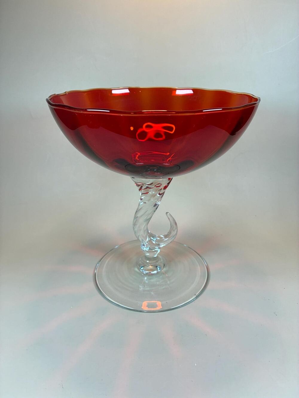Vintage Ruby Red Empoli Glass Compote: Mid-Century Italian Art Glass Centerpiece